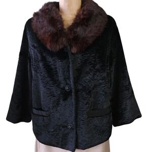 Vtg Black Velvet Fur Collar 1950s-60s Cropped Evening Coat